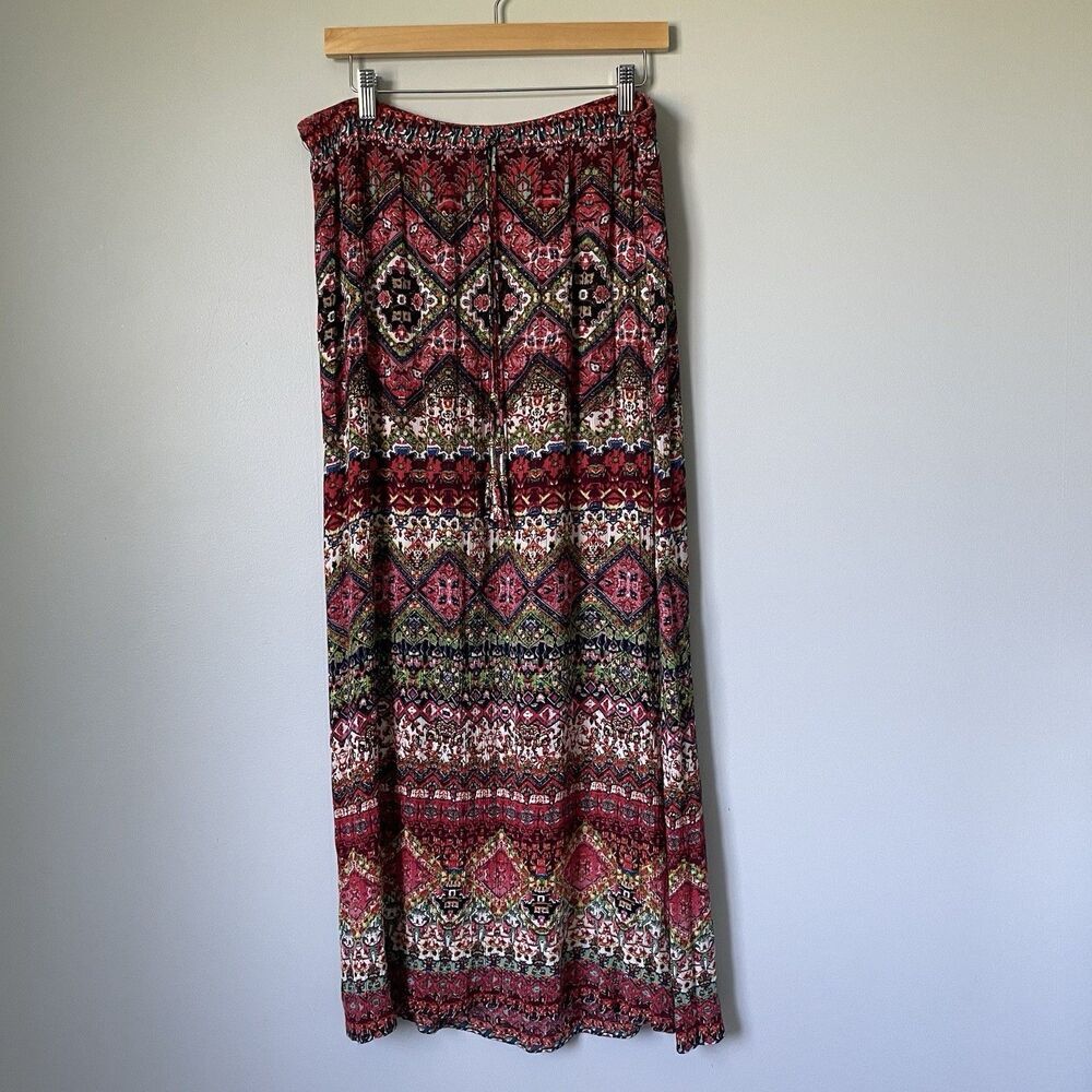 DB Boho Festival Floral PrintMaxi Skirt Pink Drawstring Slit Pink Green Small